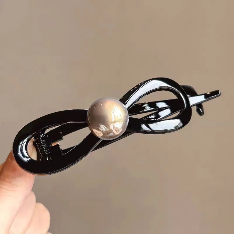 ✨台灣現貨🌿蝴蝶結氣質珍珠扭扭夾 一字夾  簡約金珠彈力夾 8字髮夾盤髮馬尾夾【N136】-規格圖11