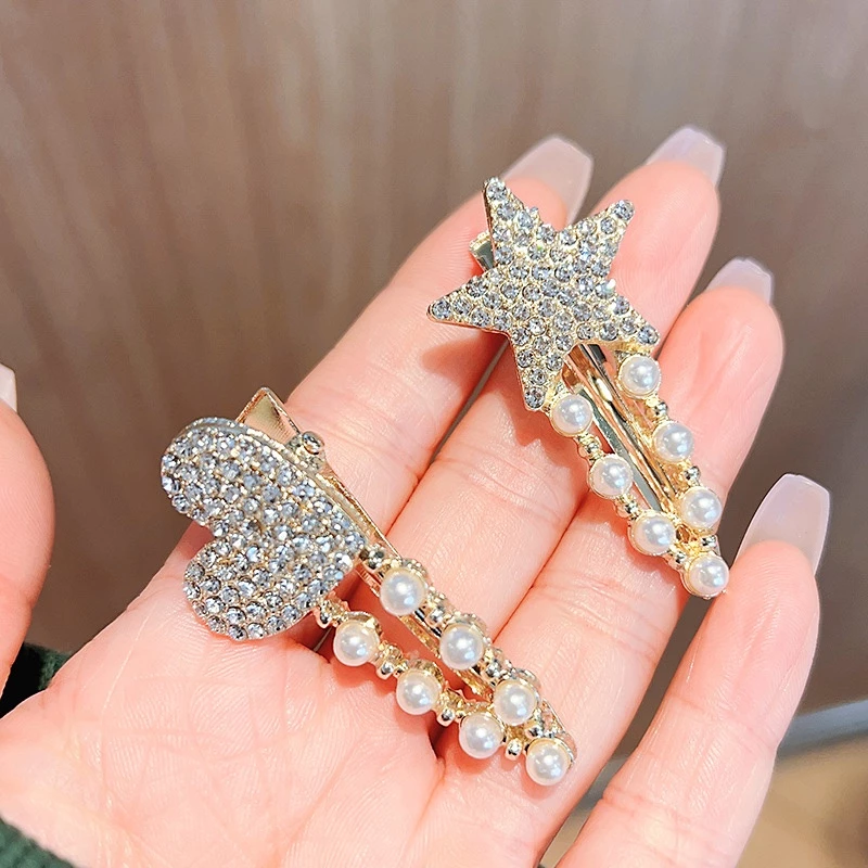 ✨台灣現貨🌿珍珠水鑽可愛小熊兔子韓版甜美愛心五角星氣質髮夾【N139】-細節圖4
