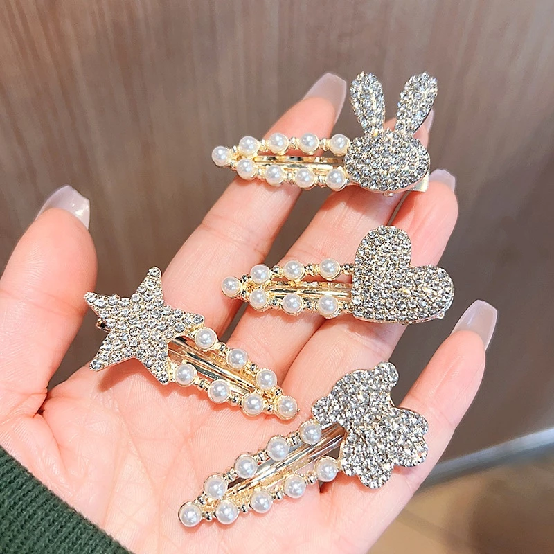 ✨台灣現貨🌿珍珠水鑽可愛小熊兔子韓版甜美愛心五角星氣質髮夾【N139】-細節圖6