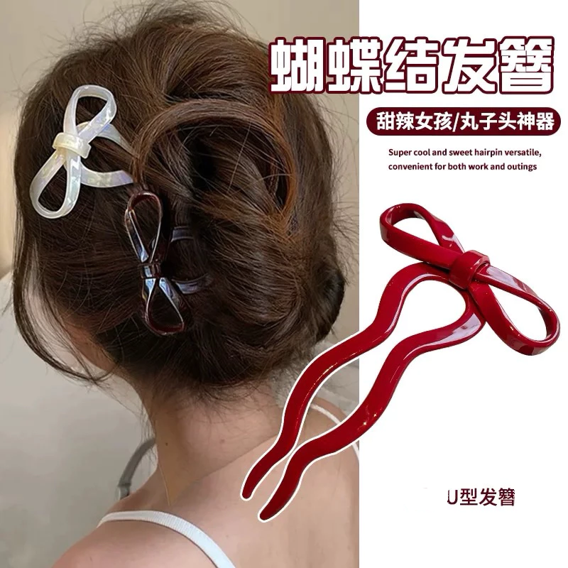 ✨台灣現貨🌿蝴蝶結U型髮簪 甜美氣質日式蝴蝶和服髮簪 盤髮丸子頭神器簪子 髮插 髮叉 頭飾【L32】-細節圖5