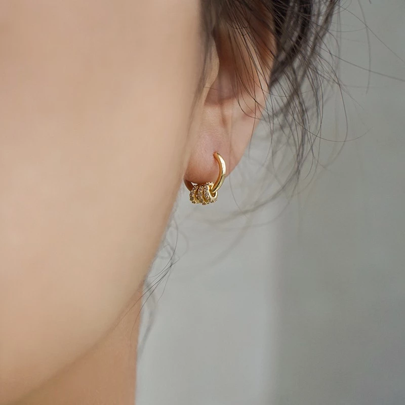 💖台灣現貨🌿爆款冷淡風三環圓圈鋯鑽耳扣 兩種戴法 小眾設計圈圈耳圈 小巧素圈耳環【G490】-細節圖9
