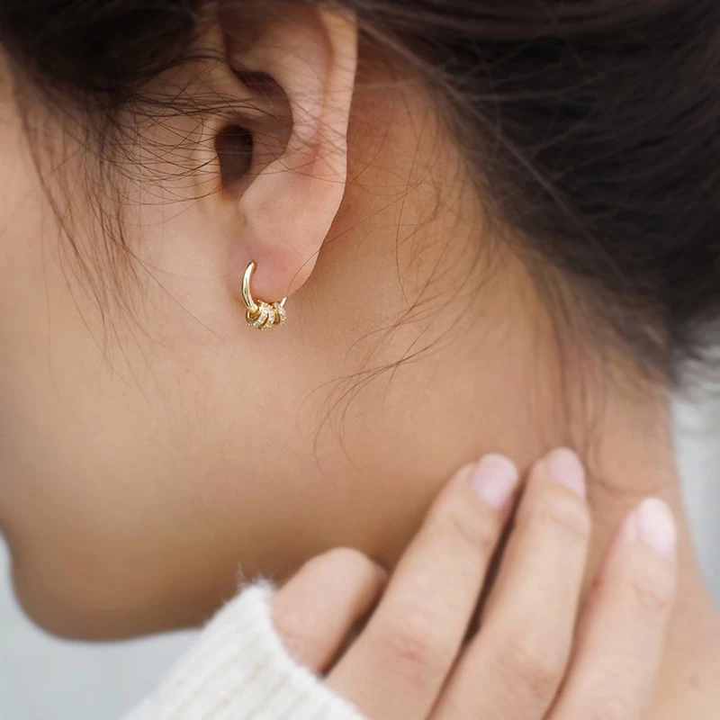 💖台灣現貨🌿爆款冷淡風三環圓圈鋯鑽耳扣 兩種戴法 小眾設計圈圈耳圈 小巧素圈耳環【G490】-細節圖10