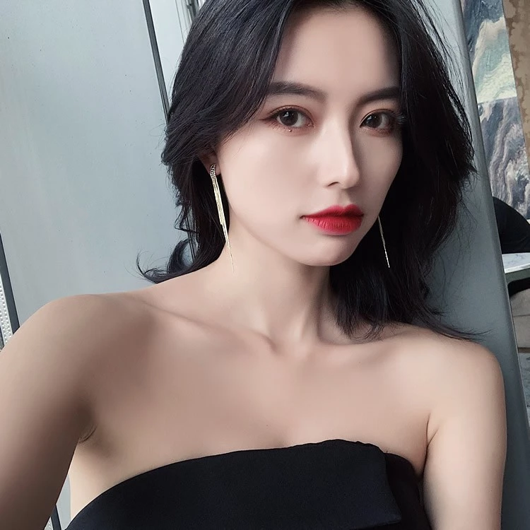 💖台灣現貨🌿冷淡風 925銀針 滿鑽長方流蘇耳環 名援氣質長款流蘇耳環【G490】-細節圖2