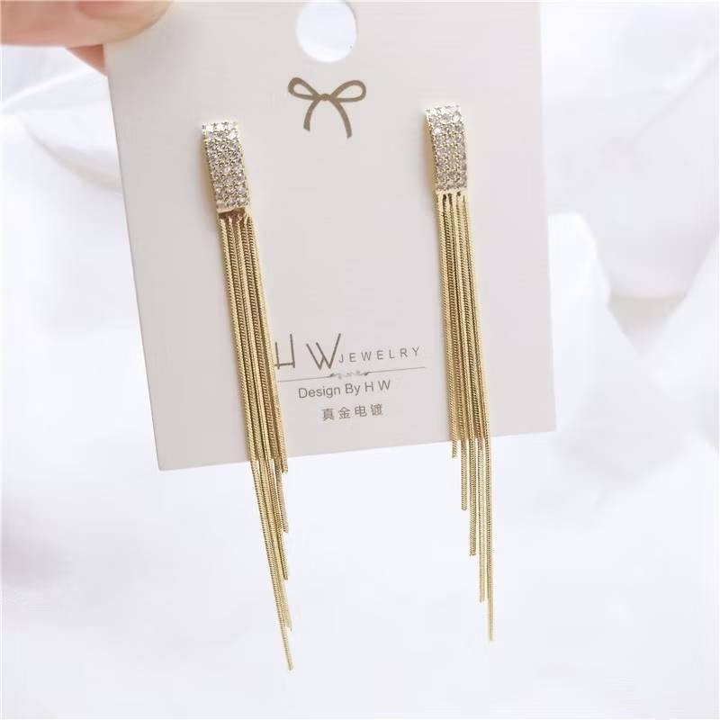 💖台灣現貨🌿冷淡風 925銀針 滿鑽長方流蘇耳環 名援氣質長款流蘇耳環【G490】-細節圖5