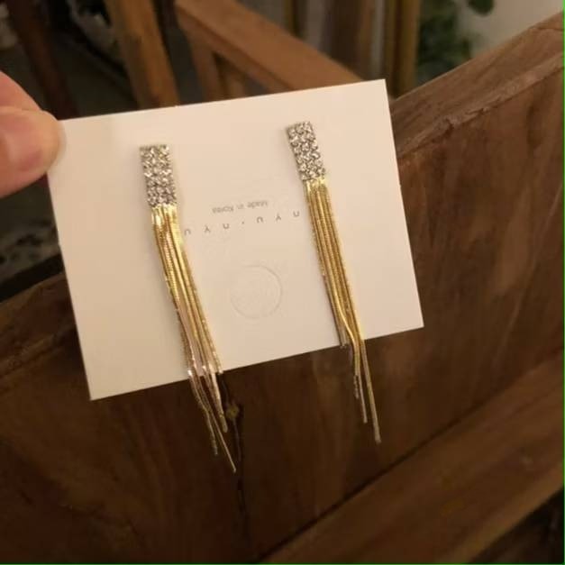 💖台灣現貨🌿冷淡風 925銀針 滿鑽長方流蘇耳環 名援氣質長款流蘇耳環【G490】-細節圖8