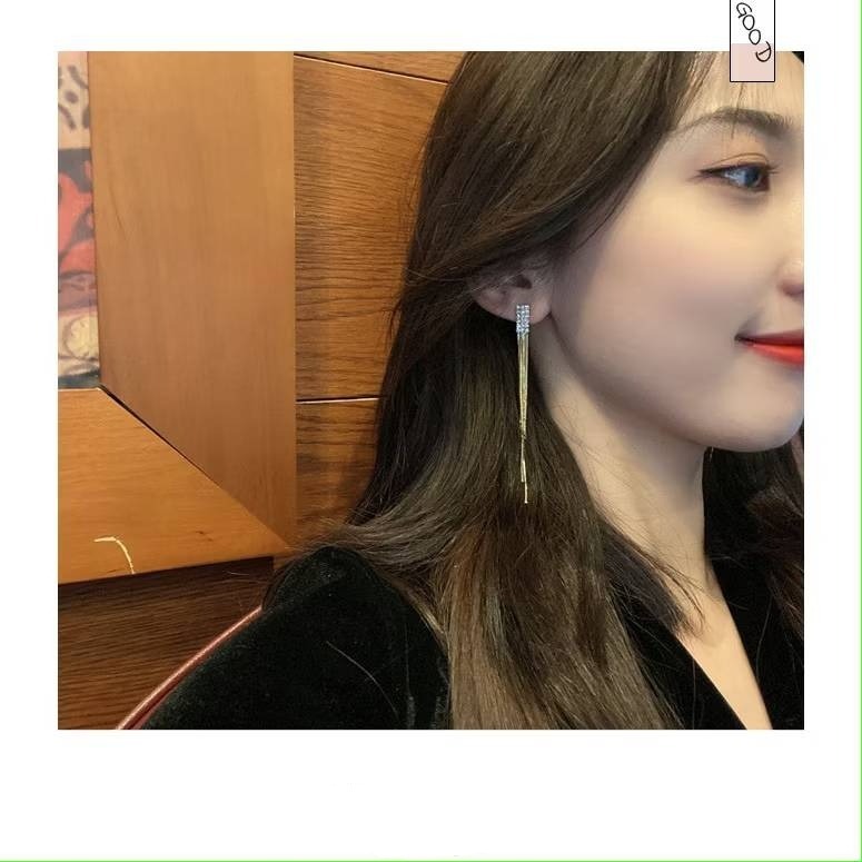💖台灣現貨🌿冷淡風 925銀針 滿鑽長方流蘇耳環 名援氣質長款流蘇耳環【G490】-細節圖9