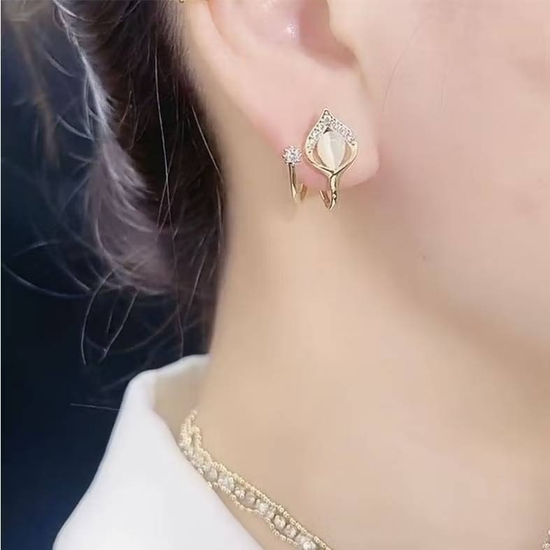 💖台灣現貨🌿貓眼鬱金香耳環 小眾設計氣質精緻鑲鑽花朵耳釘 耳環 耳飾【G493】-細節圖2