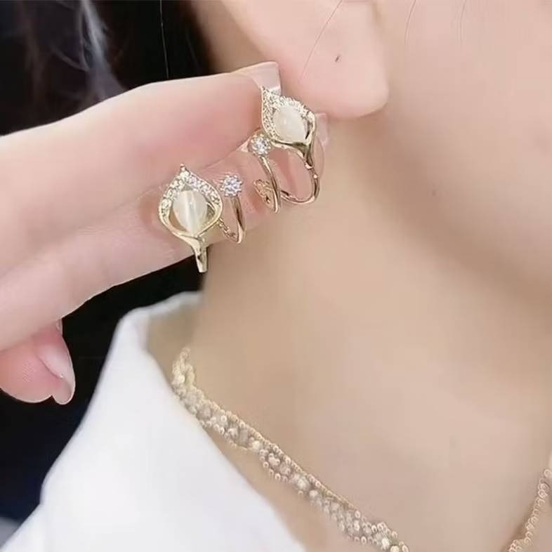 💖台灣現貨🌿貓眼鬱金香耳環 小眾設計氣質精緻鑲鑽花朵耳釘 耳環 耳飾【G493】-細節圖4