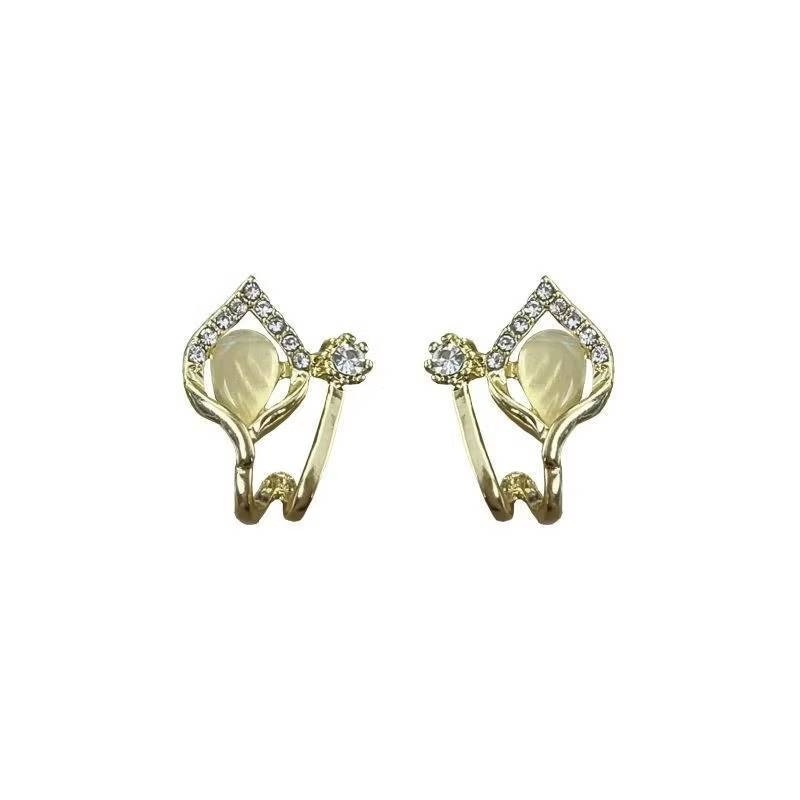 💖台灣現貨🌿貓眼鬱金香耳環 小眾設計氣質精緻鑲鑽花朵耳釘 耳環 耳飾【G493】-細節圖6