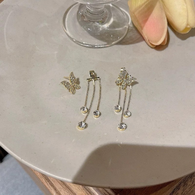 💖台灣現貨🌿氣質滿鑽蝴蝶流蘇耳環 兩種戴法 小眾設計輕奢時尚長款耳環【G495】-細節圖10