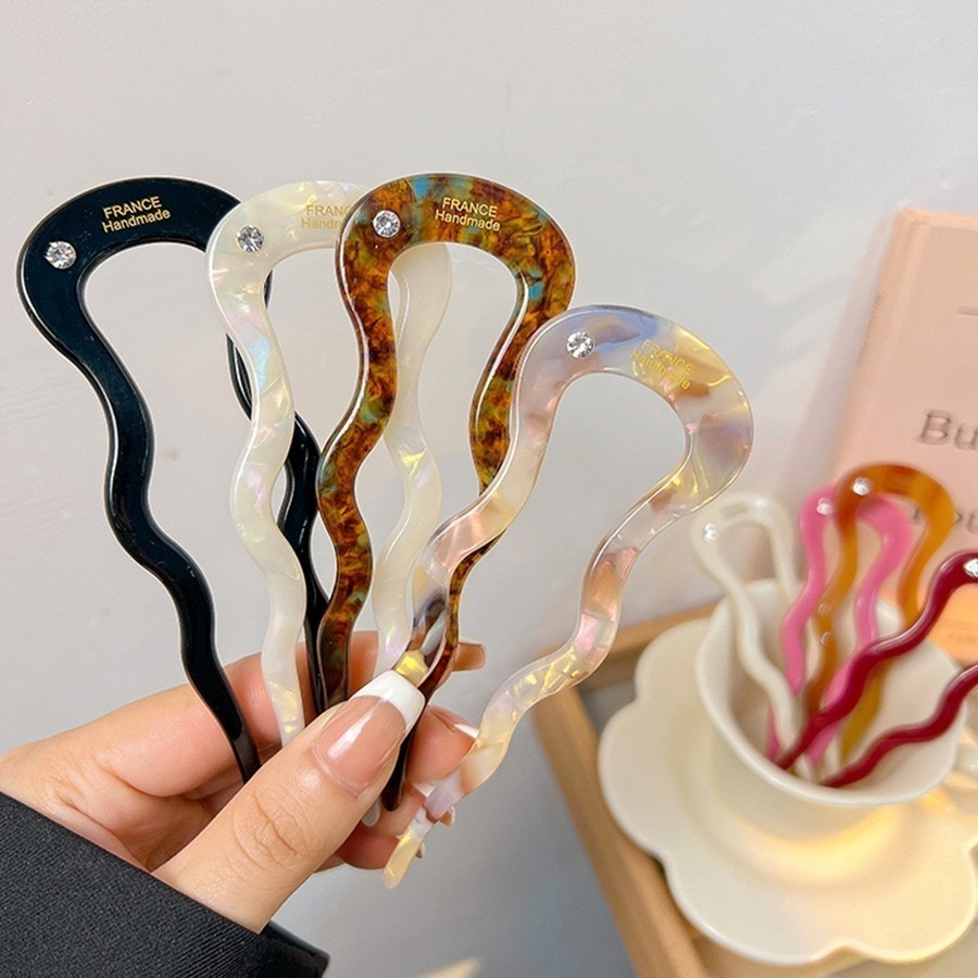 ✨台灣現貨🌿醋酸U型髮簪 簡約微鑲鑽髮釵簪子 新中式丸子頭盤發神器 簪子 髮插 髮叉 頭飾【L36】-細節圖5