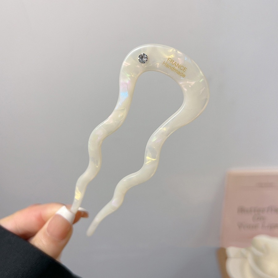 ✨台灣現貨🌿醋酸U型髮簪 簡約微鑲鑽髮釵簪子 新中式丸子頭盤發神器 簪子 髮插 髮叉 頭飾【L36】-細節圖7