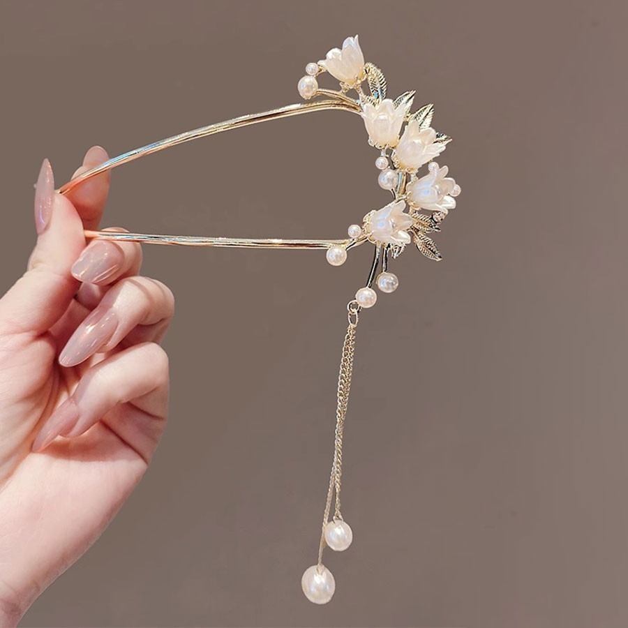 ✨台灣現貨🌿唯美浪漫鈴蘭花流蘇U型髮簪 精緻花朵珍珠古風步搖髮釵 氣質盤髮簪 【L37】-細節圖2