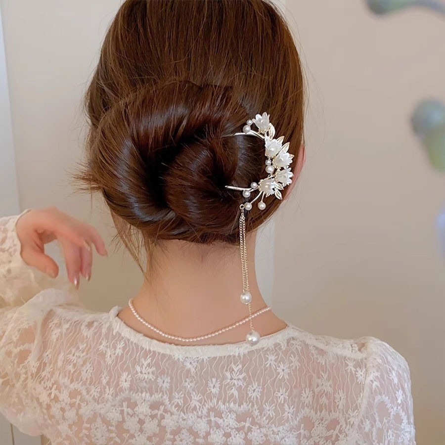 ✨台灣現貨🌿唯美浪漫鈴蘭花流蘇U型髮簪 精緻花朵珍珠古風步搖髮釵 氣質盤髮簪 【L37】-細節圖3