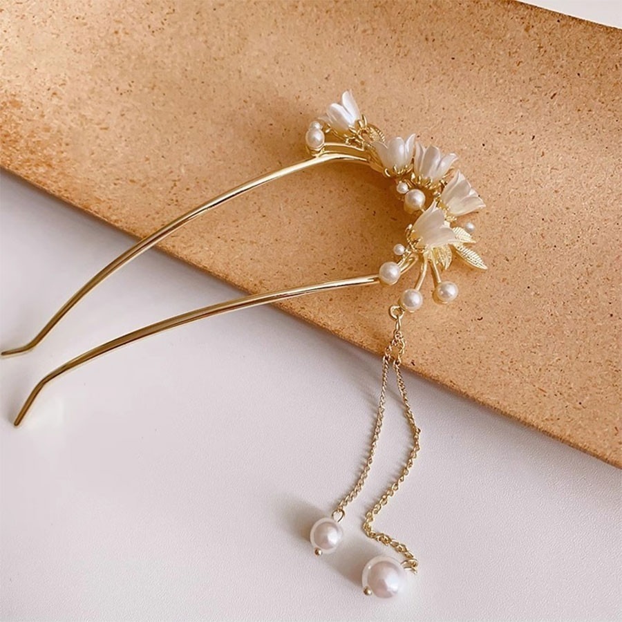 ✨台灣現貨🌿唯美浪漫鈴蘭花流蘇U型髮簪 精緻花朵珍珠古風步搖髮釵 氣質盤髮簪 【L37】-細節圖4