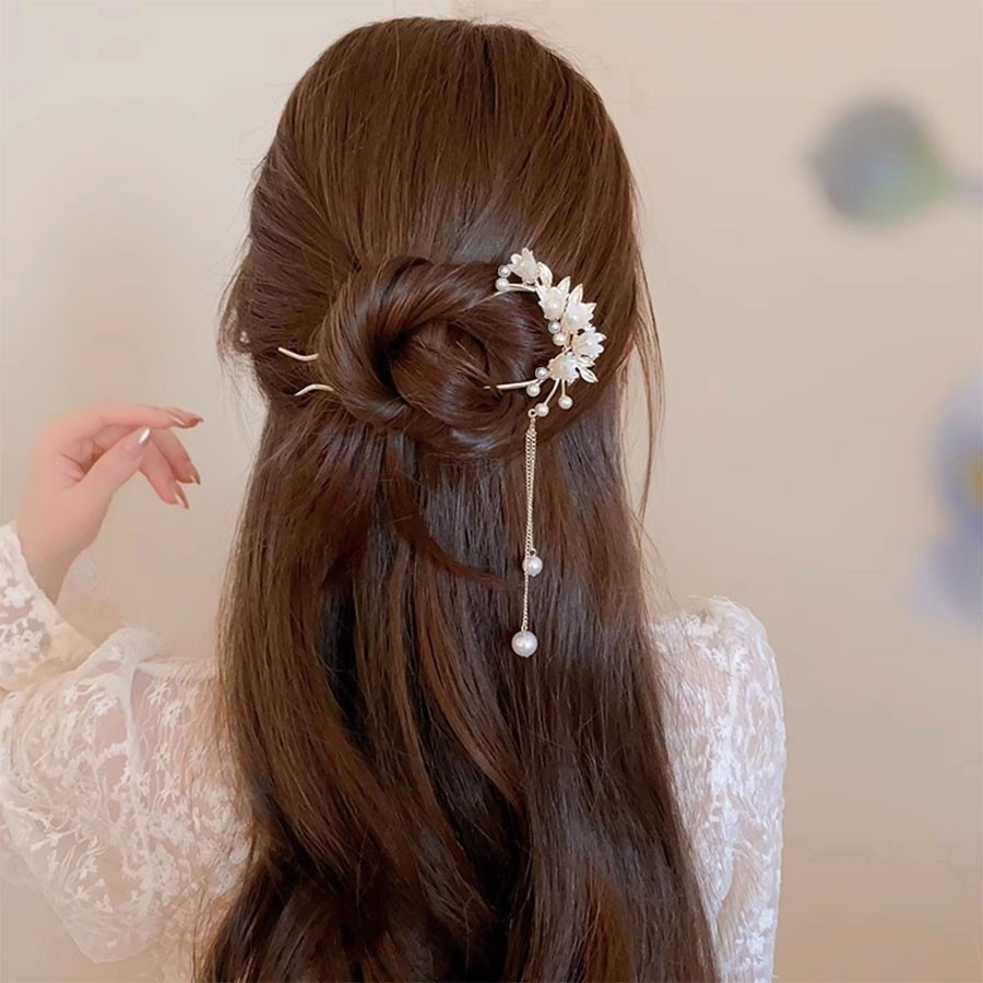 ✨台灣現貨🌿唯美浪漫鈴蘭花流蘇U型髮簪 精緻花朵珍珠古風步搖髮釵 氣質盤髮簪 【L37】-細節圖5