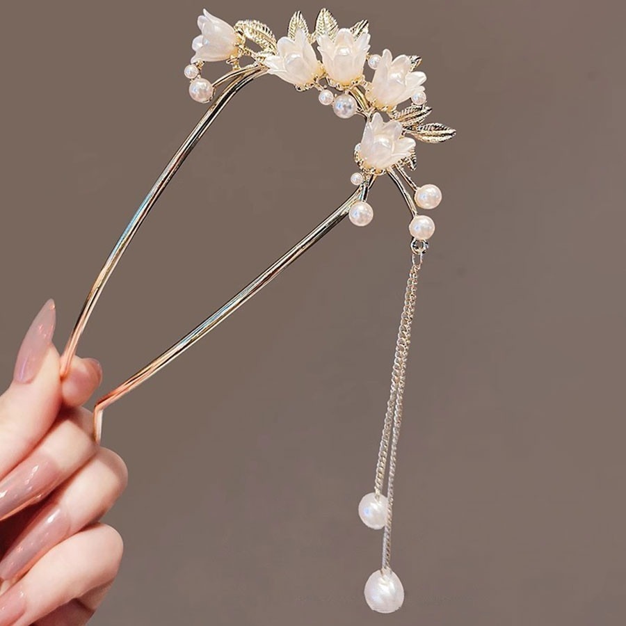 ✨台灣現貨🌿唯美浪漫鈴蘭花流蘇U型髮簪 精緻花朵珍珠古風步搖髮釵 氣質盤髮簪 【L37】-細節圖6