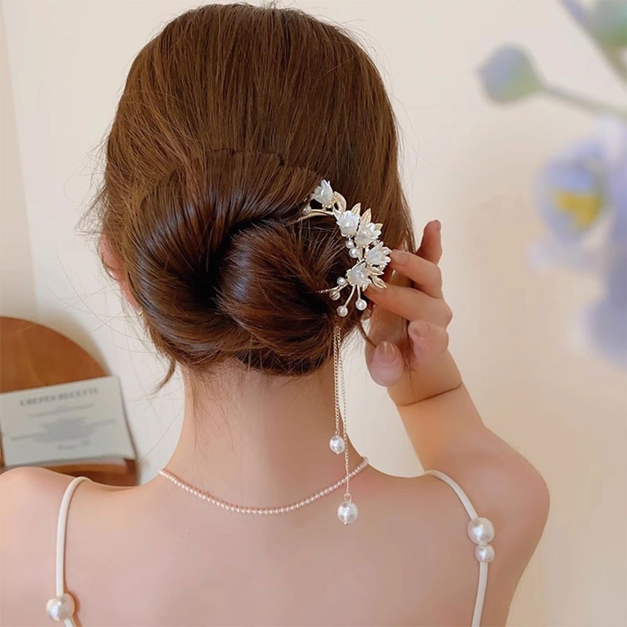 ✨台灣現貨🌿唯美浪漫鈴蘭花流蘇U型髮簪 精緻花朵珍珠古風步搖髮釵 氣質盤髮簪 【L37】-細節圖7