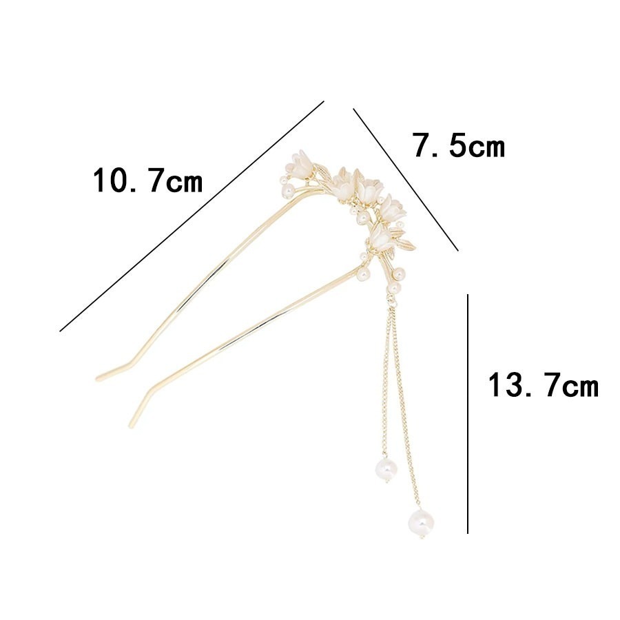 ✨台灣現貨🌿唯美浪漫鈴蘭花流蘇U型髮簪 精緻花朵珍珠古風步搖髮釵 氣質盤髮簪 【L37】-細節圖8