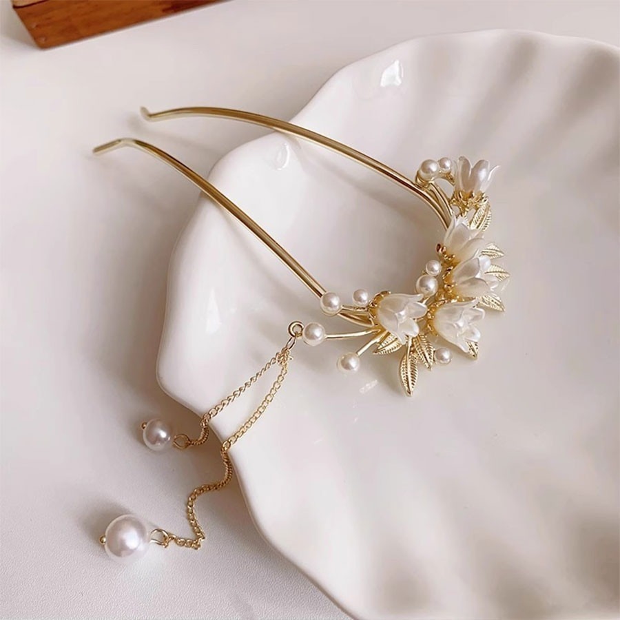 ✨台灣現貨🌿唯美浪漫鈴蘭花流蘇U型髮簪 精緻花朵珍珠古風步搖髮釵 氣質盤髮簪 【L37】-細節圖9