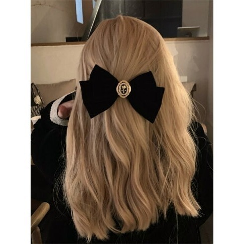 ✨台灣現貨🌿小香風黑色絲絨玫瑰花蝴蝶結髮夾 富家千金復古法式頂夾 彈簧夾【A12】-細節圖3