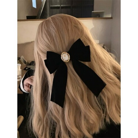 ✨台灣現貨🌿小香風黑色絲絨玫瑰花蝴蝶結髮夾 富家千金復古法式頂夾 彈簧夾【A12】-細節圖5