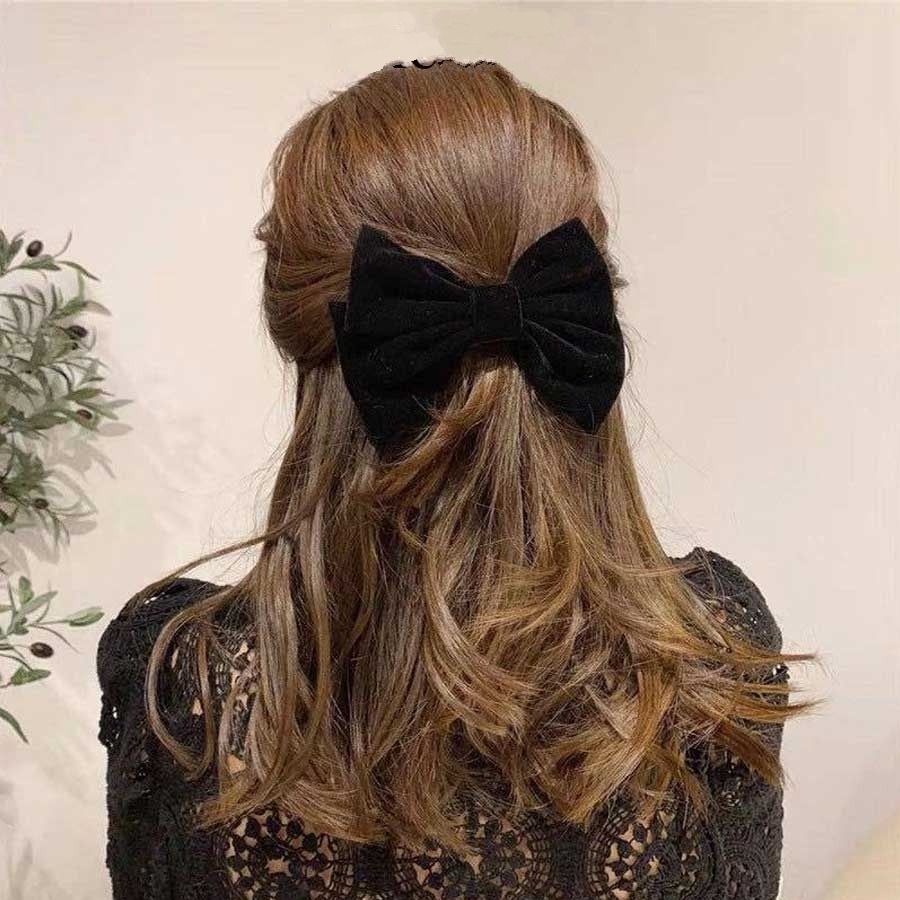 ✨台灣現貨🌿簡約絲絨蝴蝶結髮夾 甜美氣質大蝴蝶彈簧夾 頂夾 公主頭髮夾 韓國ins網紅髮飾品【A13】-細節圖2