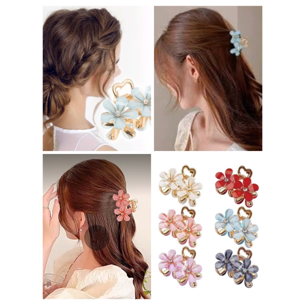 ✨台灣現貨🌿小清新五瓣花水鑽抓夾 花朵壓克力小號側髮夾 金屬鯊魚夾 公主頭髮抓 頭飾髮飾【Y25】-細節圖11