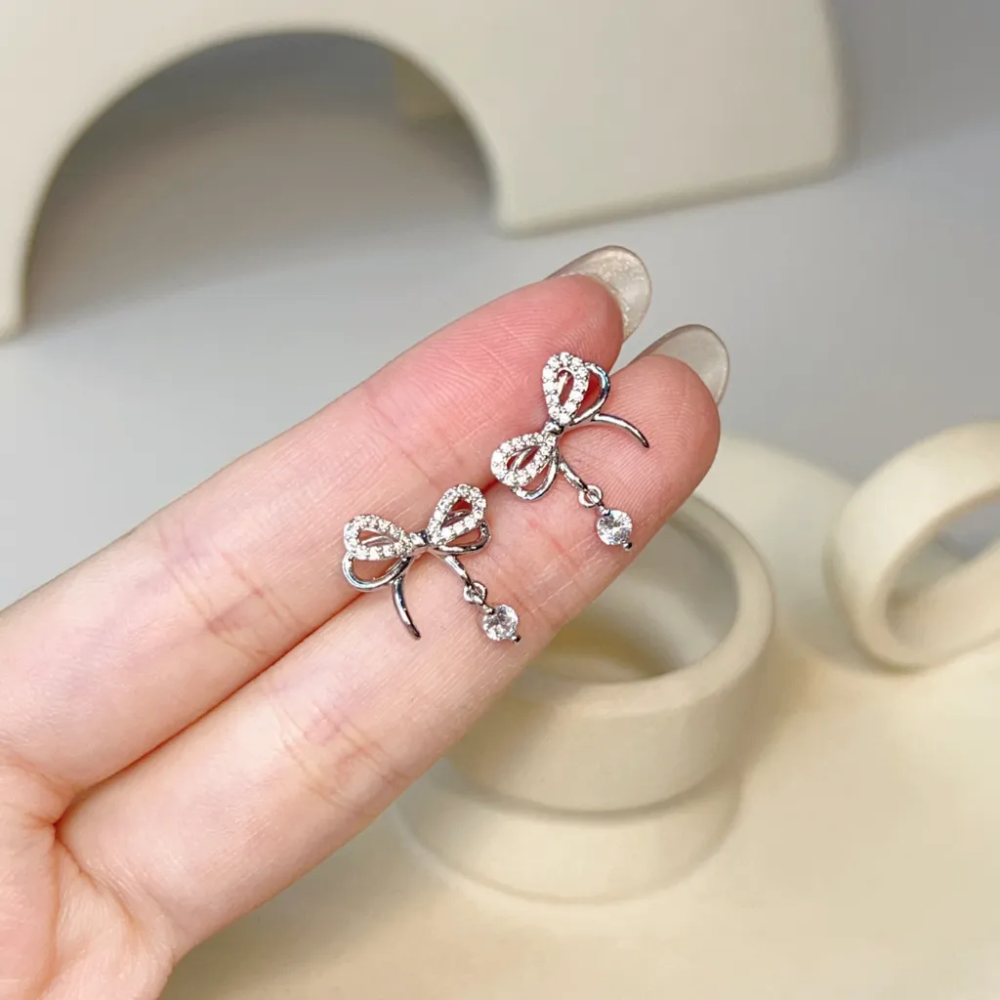 💖台灣現貨🌿芭蕾風 蝴蝶結鋯石流蘇耳環 S925銀針 精致小巧百搭甜美氣質耳飾【G497】-細節圖9