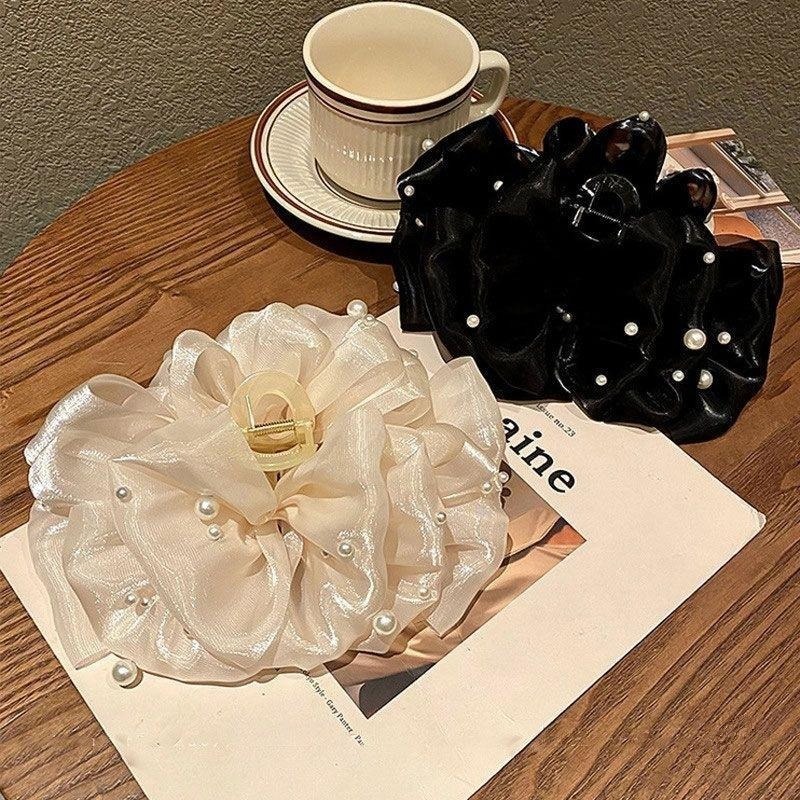 ✨台灣現貨🌿法式小香風珠珠蝴蝶結抓夾 甜美氣質髮抓 雙面多層泡泡蝴蝶結髮夾 鯊魚夾【M86】-細節圖2