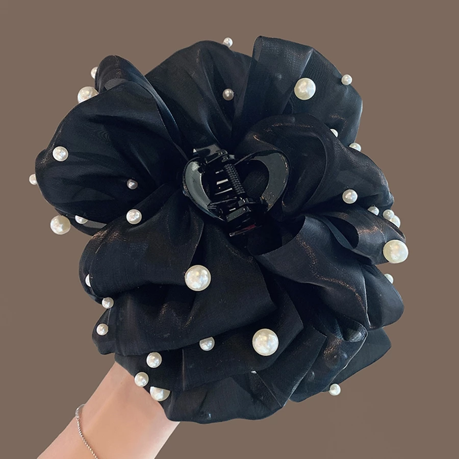 ✨台灣現貨🌿法式小香風珠珠蝴蝶結抓夾 甜美氣質髮抓 雙面多層泡泡蝴蝶結髮夾 鯊魚夾【M86】-細節圖4