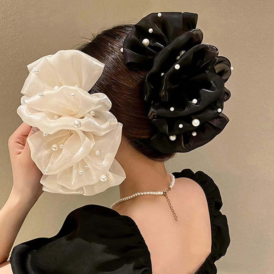 ✨台灣現貨🌿法式小香風珠珠蝴蝶結抓夾 甜美氣質髮抓 雙面多層泡泡蝴蝶結髮夾 鯊魚夾【M86】-細節圖5