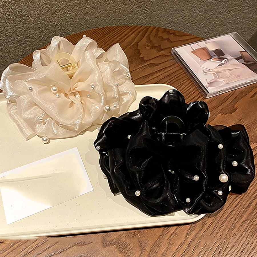 ✨台灣現貨🌿法式小香風珠珠蝴蝶結抓夾 甜美氣質髮抓 雙面多層泡泡蝴蝶結髮夾 鯊魚夾【M86】-細節圖7