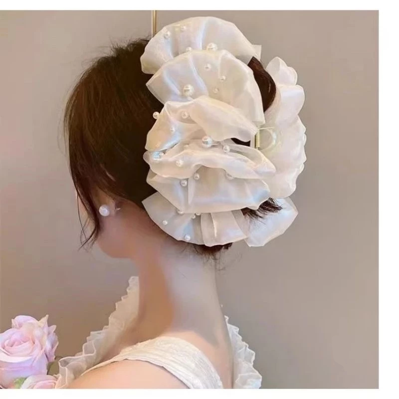 ✨台灣現貨🌿法式小香風珠珠蝴蝶結抓夾 甜美氣質髮抓 雙面多層泡泡蝴蝶結髮夾 鯊魚夾【M86】-細節圖8