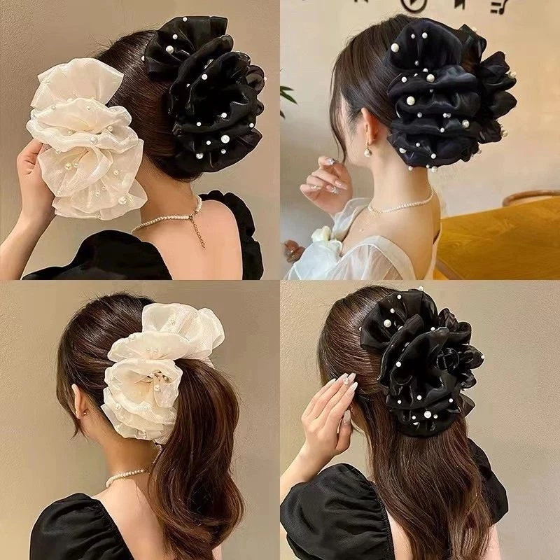 ✨台灣現貨🌿法式小香風珠珠蝴蝶結抓夾 甜美氣質髮抓 雙面多層泡泡蝴蝶結髮夾 鯊魚夾【M86】-細節圖10