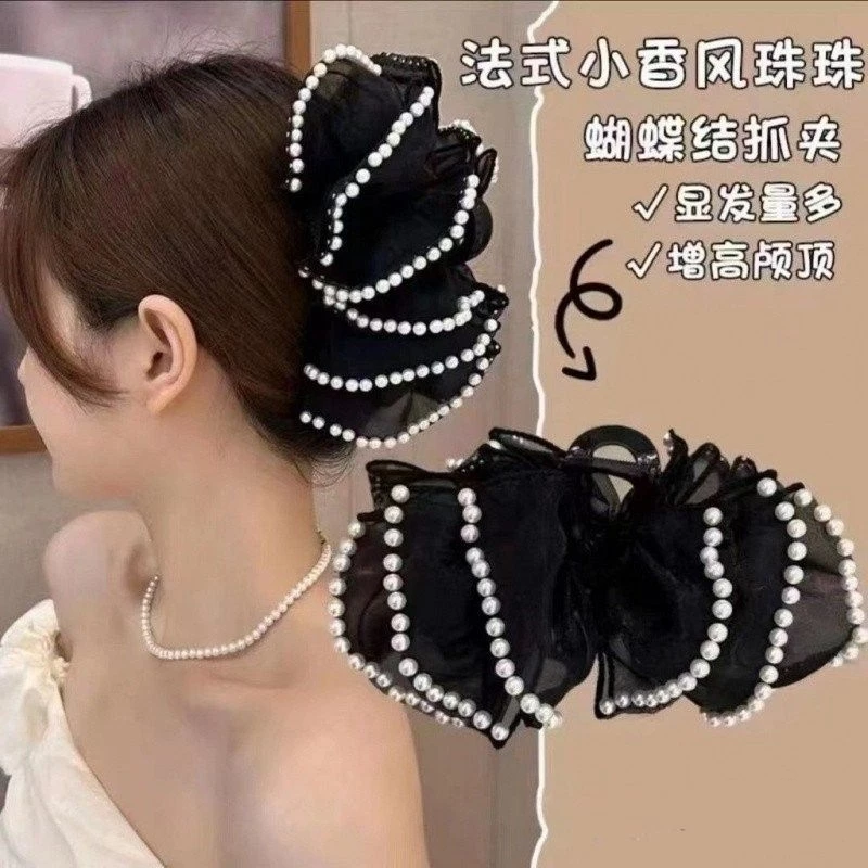 ✨台灣現貨🌿法式小香風珠珠蝴蝶結抓夾 甜美氣質髮抓 雙面多層泡泡蝴蝶結髮夾 鯊魚夾【M86】-細節圖11