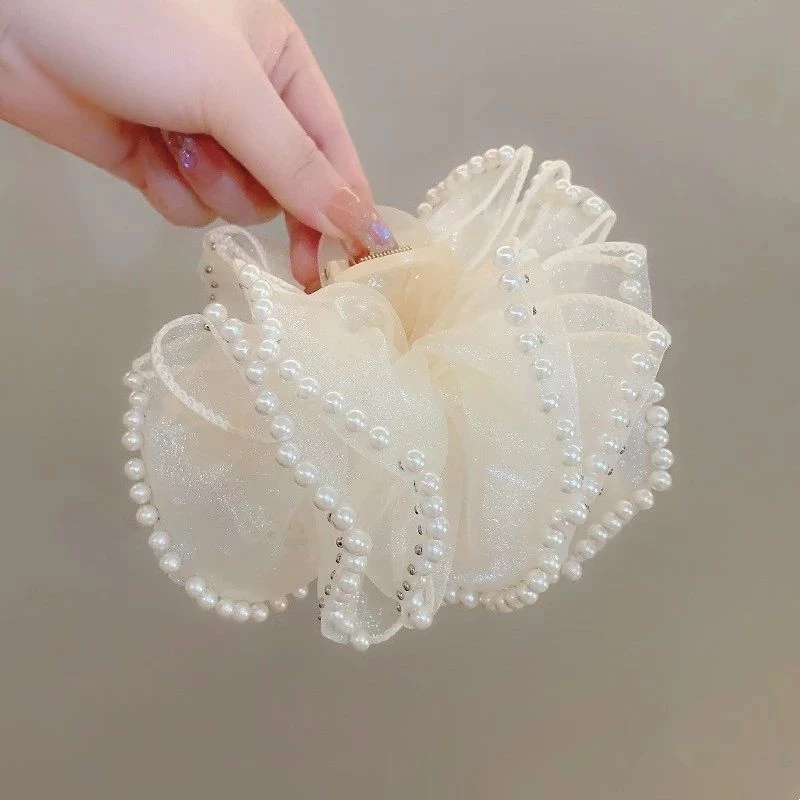 ✨台灣現貨🌿法式小香風珠珠蝴蝶結抓夾 甜美氣質髮抓 雙面多層泡泡蝴蝶結髮夾 鯊魚夾【M86】-規格圖11