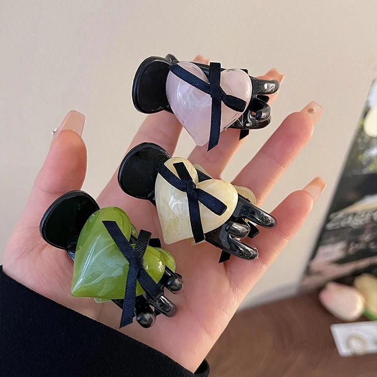 ✨台灣現貨🌿蝴蝶結愛心高馬尾小抓夾 甜美日系果凍色髮夾 氣質芭蕾風鯊魚夾頭飾【M123】-細節圖2