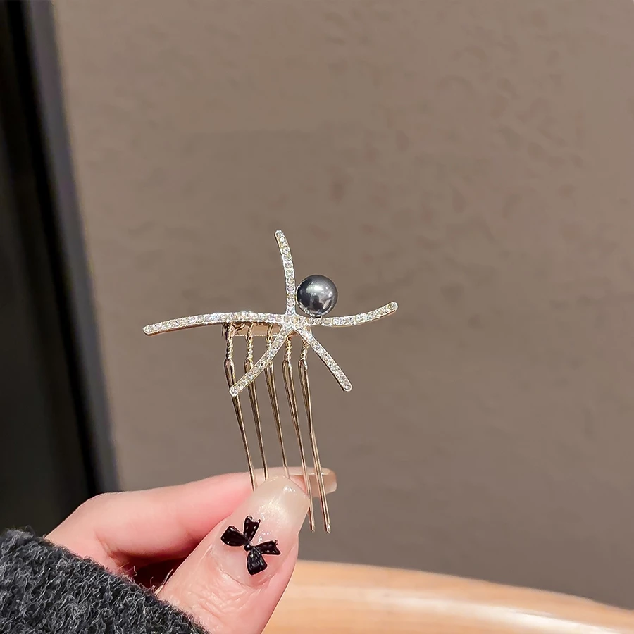 ✨台灣現貨🌿水鑽海星珍珠髮梳 日韓甜美氣質髮插 倒插梳 精致百搭盤髮頭飾 髮飾【Y26】-細節圖2