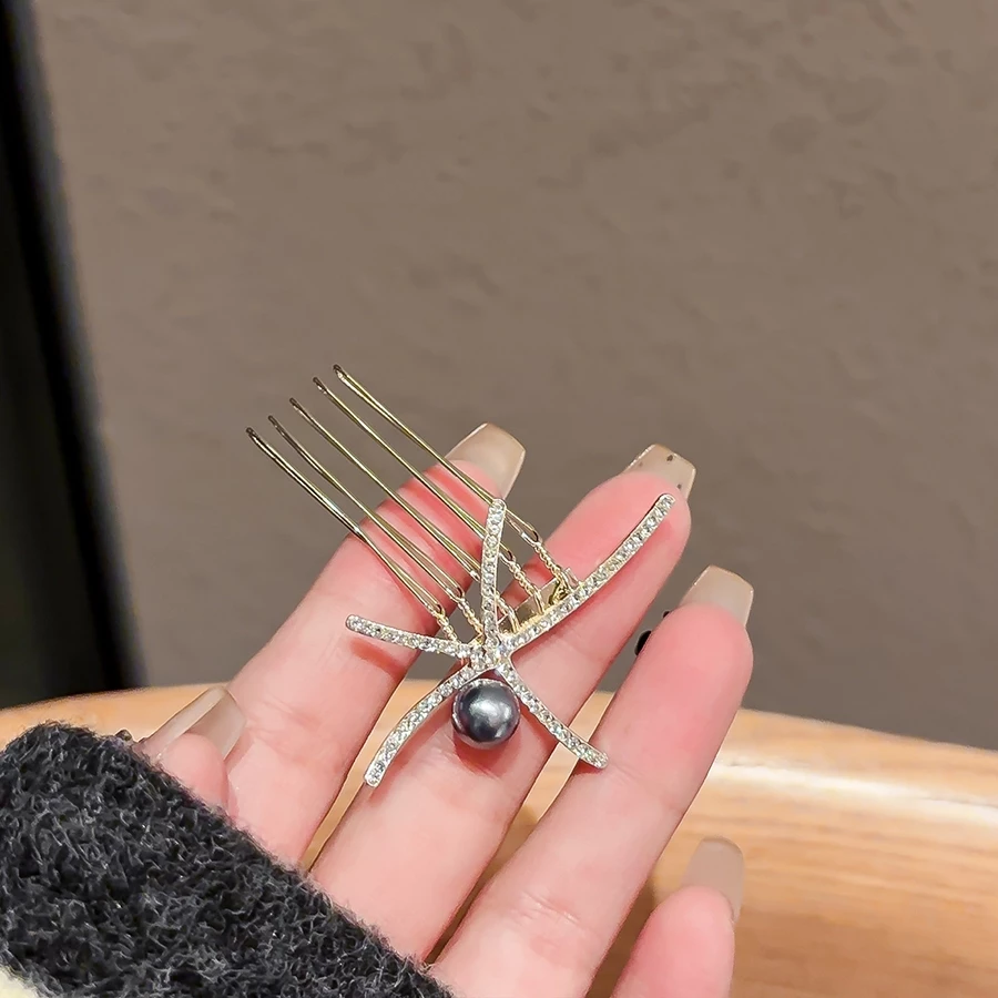 ✨台灣現貨🌿水鑽海星珍珠髮梳 日韓甜美氣質髮插 倒插梳 精致百搭盤髮頭飾 髮飾【Y26】-細節圖4