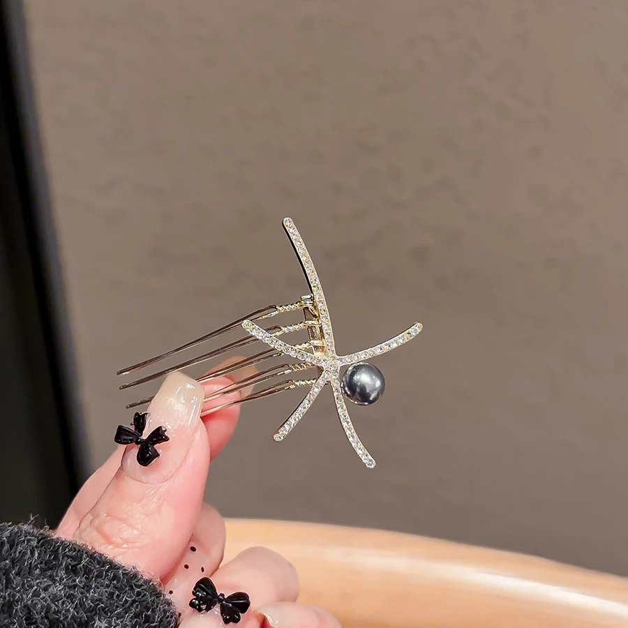 ✨台灣現貨🌿水鑽海星珍珠髮梳 日韓甜美氣質髮插 倒插梳 精致百搭盤髮頭飾 髮飾【Y26】-細節圖6