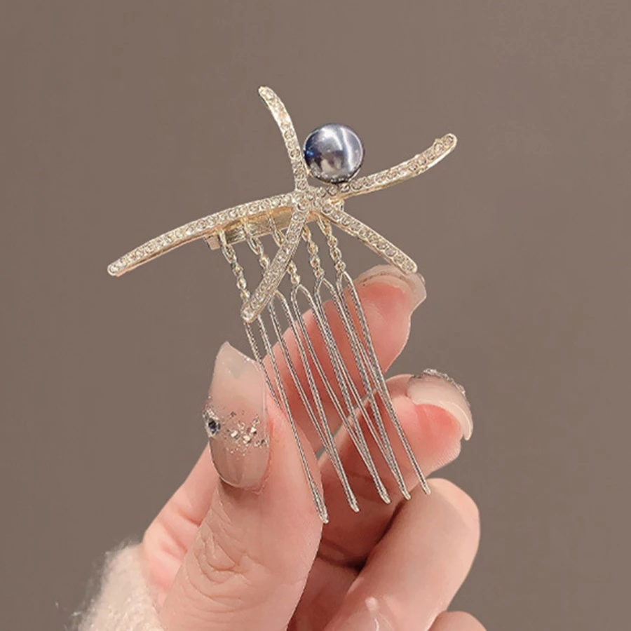 ✨台灣現貨🌿水鑽海星珍珠髮梳 日韓甜美氣質髮插 倒插梳 精致百搭盤髮頭飾 髮飾【Y26】-細節圖7