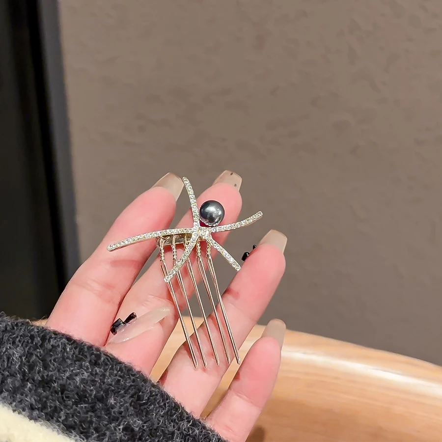 ✨台灣現貨🌿水鑽海星珍珠髮梳 日韓甜美氣質髮插 倒插梳 精致百搭盤髮頭飾 髮飾【Y26】-細節圖8