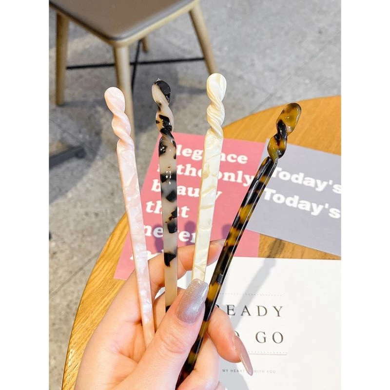 ✨台灣現貨🌿 韓國INS幾何醋酸極簡一字髮簪  玳瑁大理紋盤髮髮插 小眾現代日常髮釵髮簪釵子盤髮-細節圖5