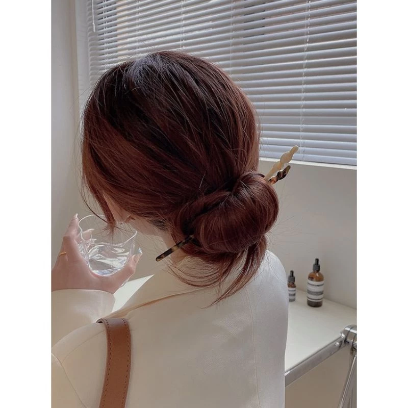 ✨台灣現貨🌿 韓國INS幾何醋酸極簡一字髮簪  玳瑁大理紋盤髮髮插 小眾現代日常髮釵髮簪釵子盤髮-細節圖7