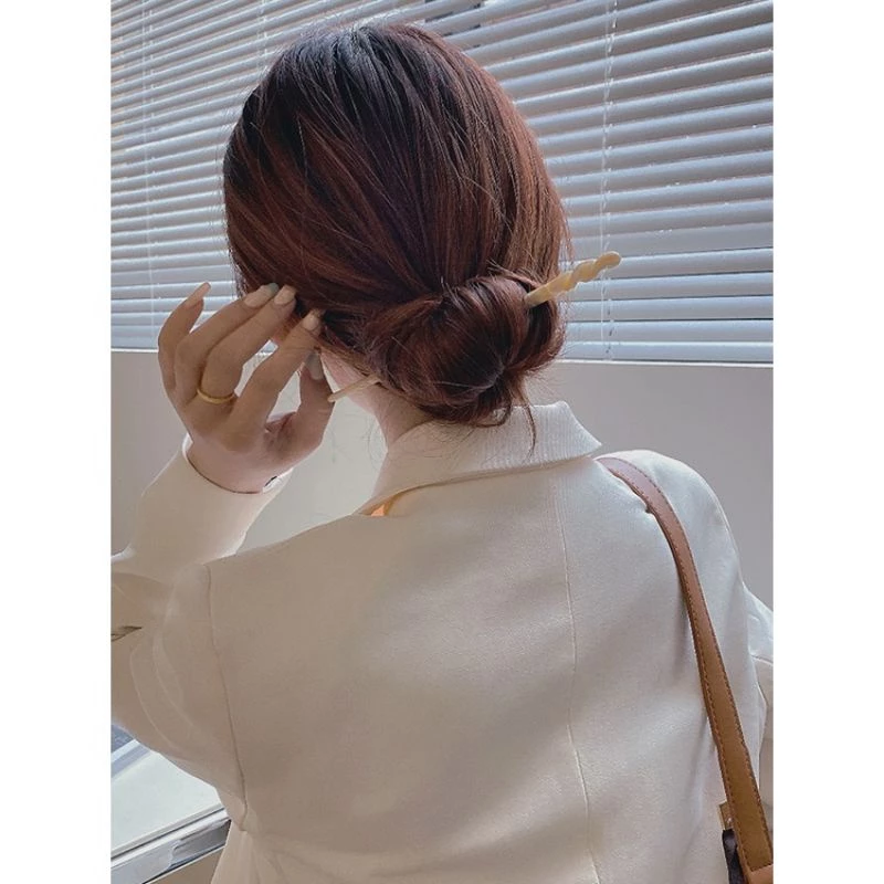 ✨台灣現貨🌿 韓國INS幾何醋酸極簡一字髮簪  玳瑁大理紋盤髮髮插 小眾現代日常髮釵髮簪釵子盤髮-細節圖8