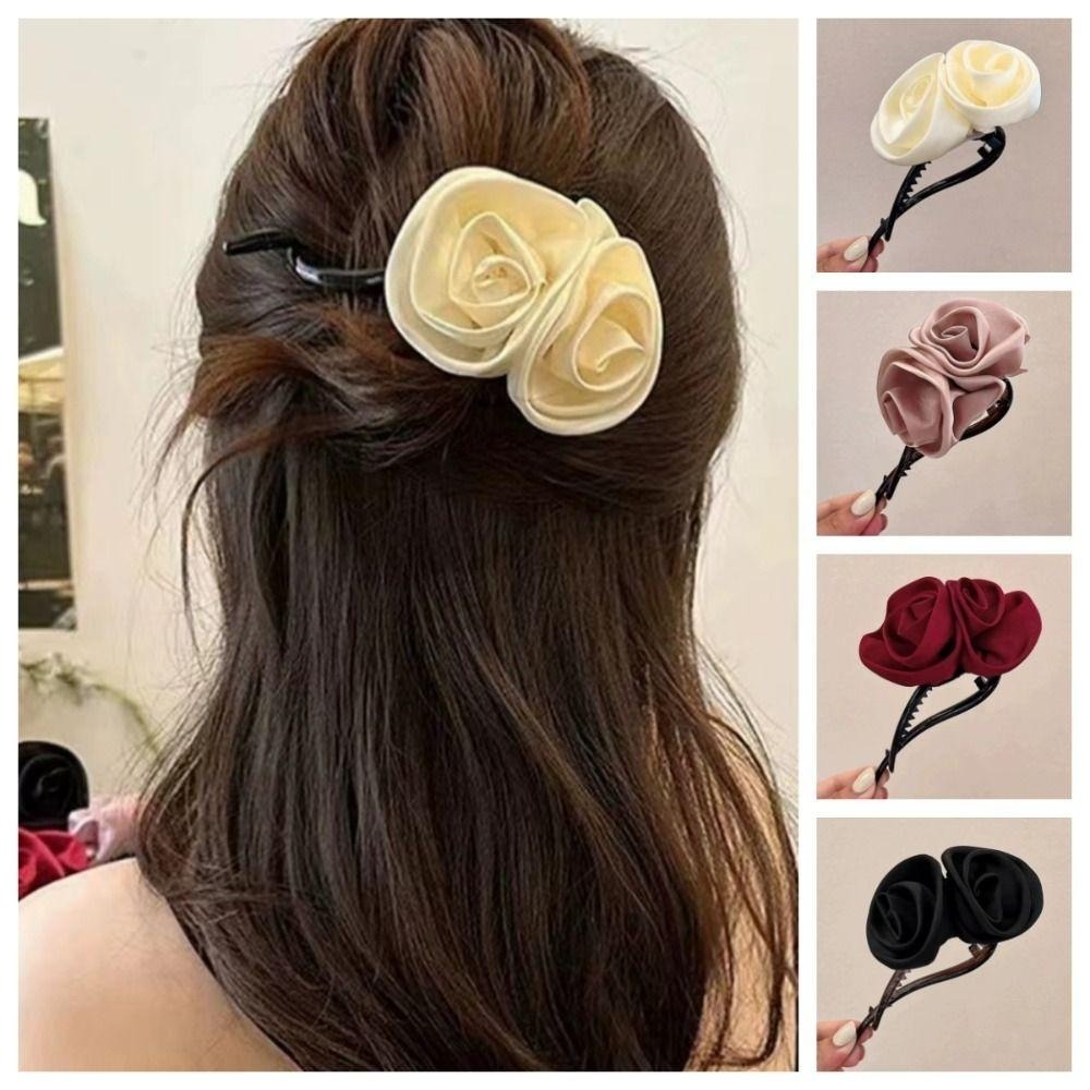 ✨台灣現貨🌿溫柔氣質玫瑰花朵一字扭夾 緞面高級感後腦勺髮夾 半扎頭馬尾夾 盤髮夾【N143】-細節圖3