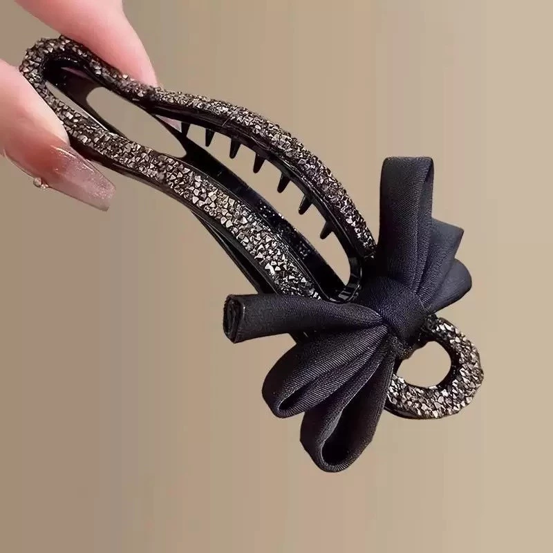 ✨台灣現貨🌿水鑽鴨嘴夾 黑色蝴蝶結大嘴夾 氣質後腦勺半扎髮鴨嘴夾子 安全替代鯊魚夾【N144】-細節圖7