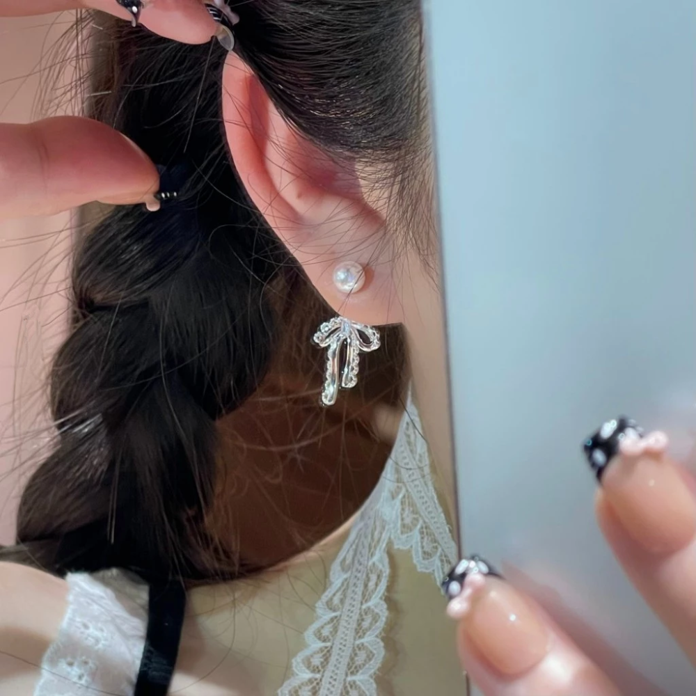 💖台灣現貨🌿芭蕾風~花邊蕾絲蝴蝶結耳環 925銀針愛心鋯石珍珠耳環 韓系新款小眾設計氣質百搭耳飾【G498】-細節圖2