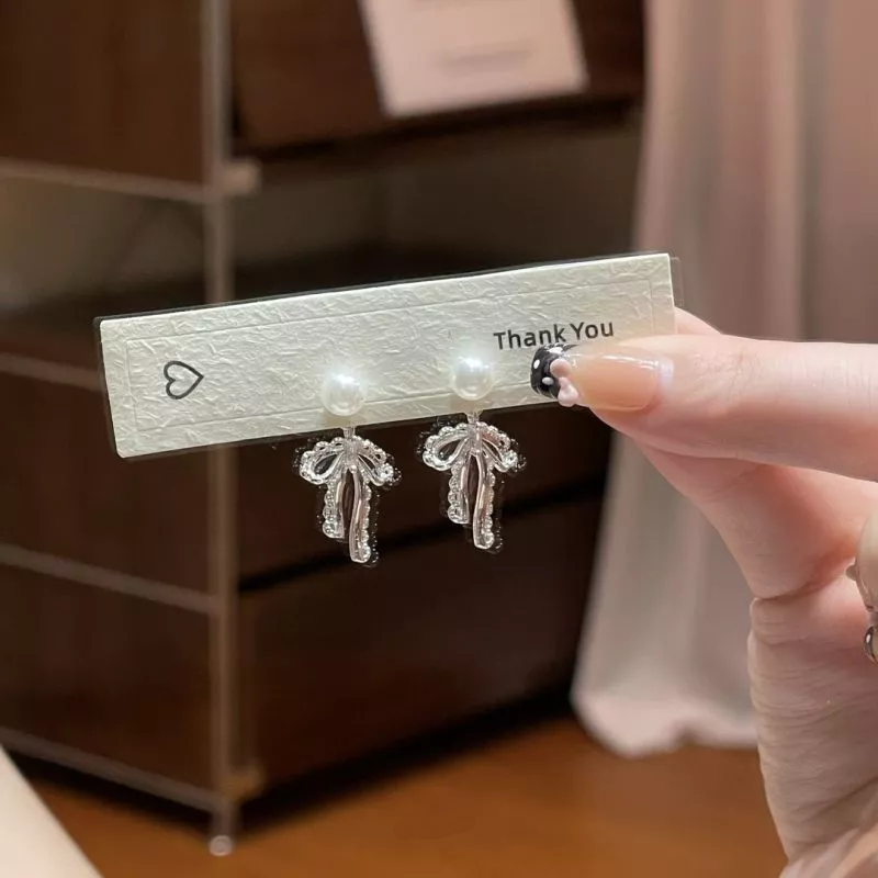 💖台灣現貨🌿芭蕾風~花邊蕾絲蝴蝶結耳環 925銀針愛心鋯石珍珠耳環 韓系新款小眾設計氣質百搭耳飾【G498】-細節圖3